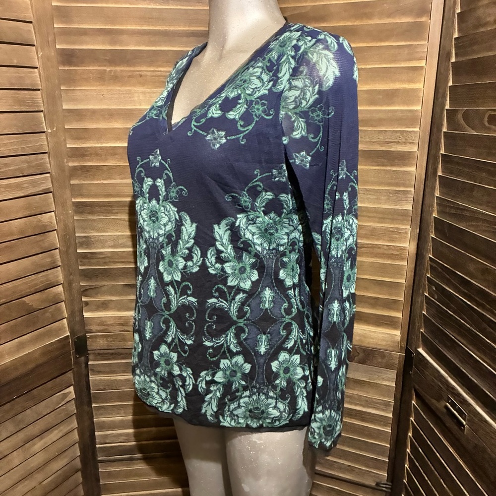 Axcess Floral V-Neck Long Sleeve Top Green/Blue Lace Trim Boho-Chic Size Large - Picture 9 of 9